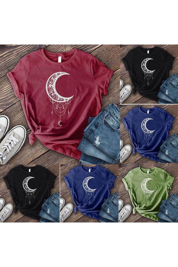 Women Short Sleeve T Shirts Crew Neck Moon Print Soft For Daily Casual And Outdoor Wear Moon Tops Black