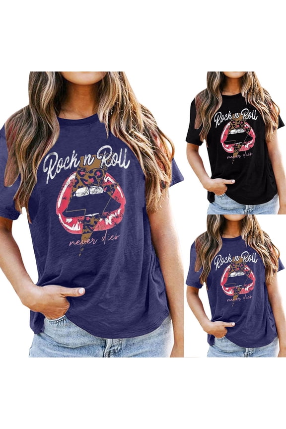 Women Short Sleeve T Shirts Rock N Roll Print Soft For Daily Casual And Concert Wear Rock Tops Black