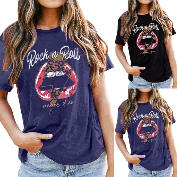 PAFNAFHF Women Short Sleeve T Shirts Rock N Roll Print Soft For Daily Casual And Concert Wear Rock Tops Blue