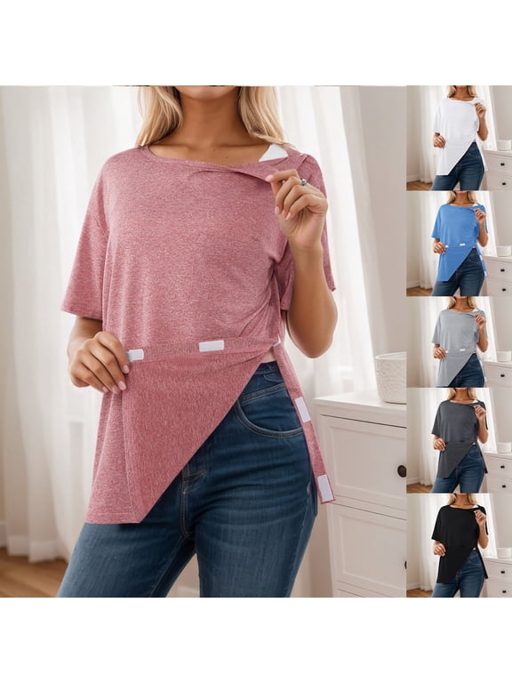 Women Short Sleeve Tops Side Snap Velcro Shoulder Post Surgery Soft For Medical Wear Medical Tops Black