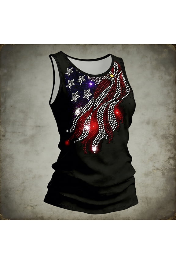 Women Tank Tops Sleeveless Glitter Print Independence Day Celebration Style Soft For Holiday Party And Daily Outdoor Wear Sleeveless Tops Black
