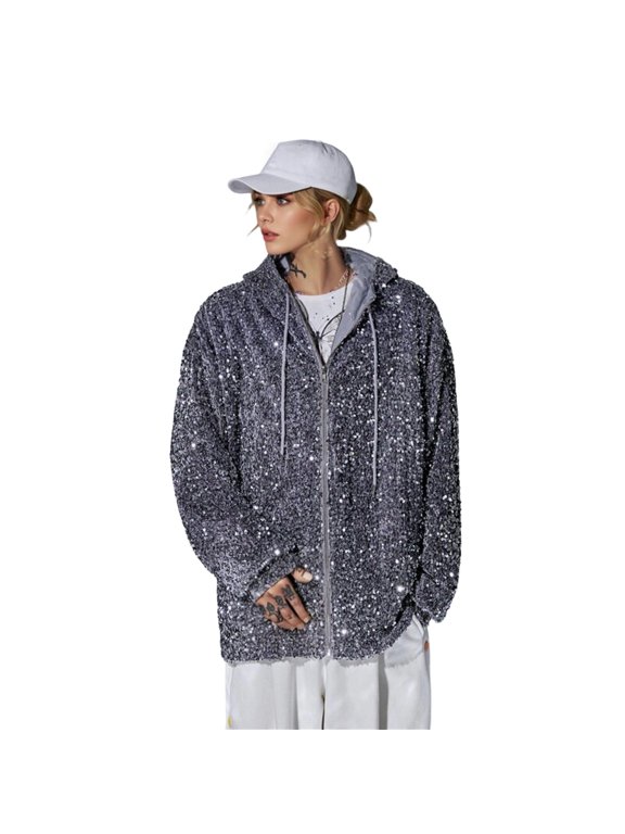 Women's Sparkly Hooded Sequin Jacket Zip Up Glitter Bomber Jacket Party Concert Hoodies with Pockets L