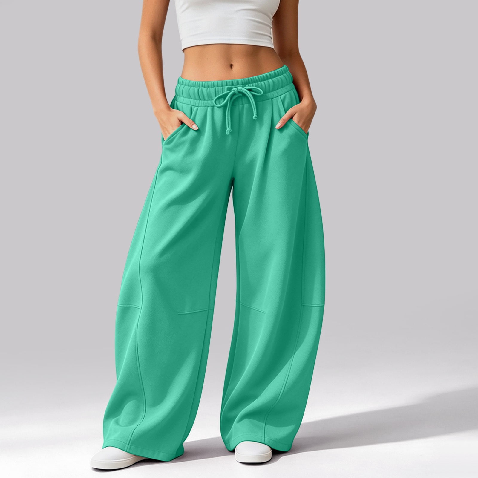 PAFNAFHF Womens Casual Pants Barrel Leg Solid Soft Drawstring Waist ...