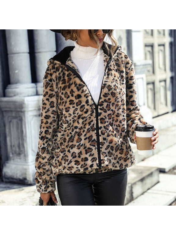 Womens Cheetah Print Hooded Coats Leopard Print Mid Length Double Loose Casual Jacket Long Sleeve Fall Winter Outerwear Fall Outfits For Women Coffee S