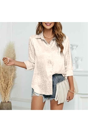 Womens Dress Shirts Cheetah Print Jacquard Turn Down Collar Button Up Long Sleeve Commuter Leopard Print Blouse Spring Summer Womens Tops Beige M