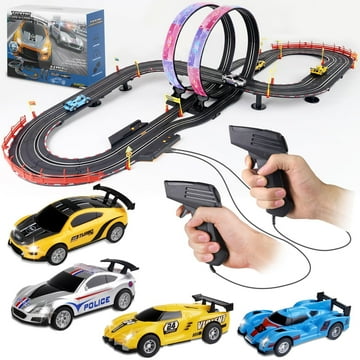 PAFOLO Slot Car Race Track Sets,19ft Electric Track with LED Lights and 4 Slot Cars,2 Hand Controller and Racing Game Lap Counters,Race Track Set Features a Loop,Turns & a Crossover for Boys Age 6-12