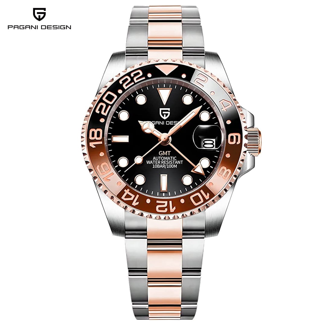 Men's Automatic GMT Watches 40mm Two Tone Stainless Steel Waterproof Mechanical Wrist Watch for Men PD1662