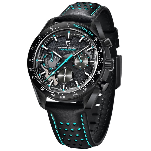 PAGANI DESIGN Men's Quartz Watches full Black Stainless Steel Chronograph Wristwatch with Leather Watchband
