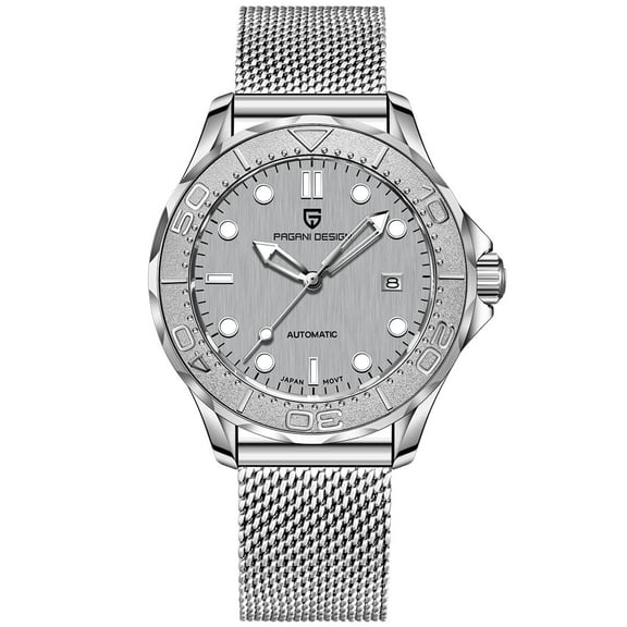 PAGANI DESIGN PD-1818 New Automatic Men's Watch Diver 300 Homage full Stainless Steel Mechanical 100M Waterproof Wrist Watch for Men, Synthetic Sapphire Dial Glass, Mesh Watch Strap