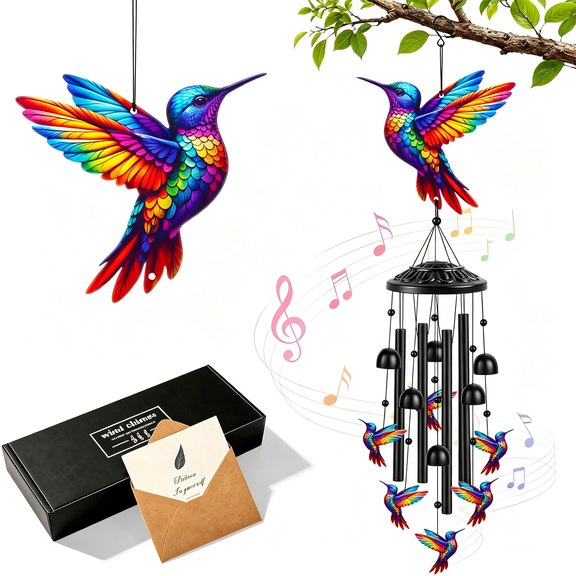 PAGEIA Aluminum Hummingbird Wind Chimes for Outside,Metal Garden Treasures Wind Chime with 4 Durable Tubes&6 Bells,Unique Grandma Garden Gifts Box&Card Included,35.4" (Colorful)
