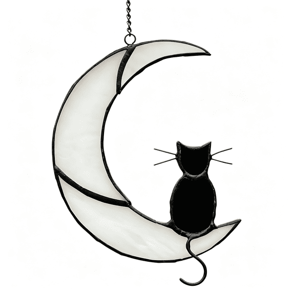 PAGEIA Black Cat Decor on White Moon Stained Glass Window Hanging Suncatcher for Windows Panels Sun Catcher Halloween Ornament Decoration Memorial Gift for Lover Cat Loss