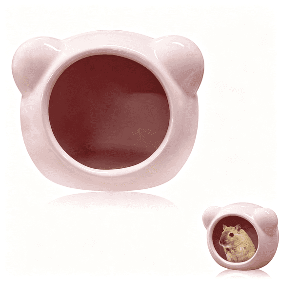 PAGEIA Ceramic Hamster House,Cute Animal Shaped Hamster Cave,Summer Cool Small Animal Hideout Habitat Decor for Dwarf Hamsters,Cute Hamster Hides (Pink)