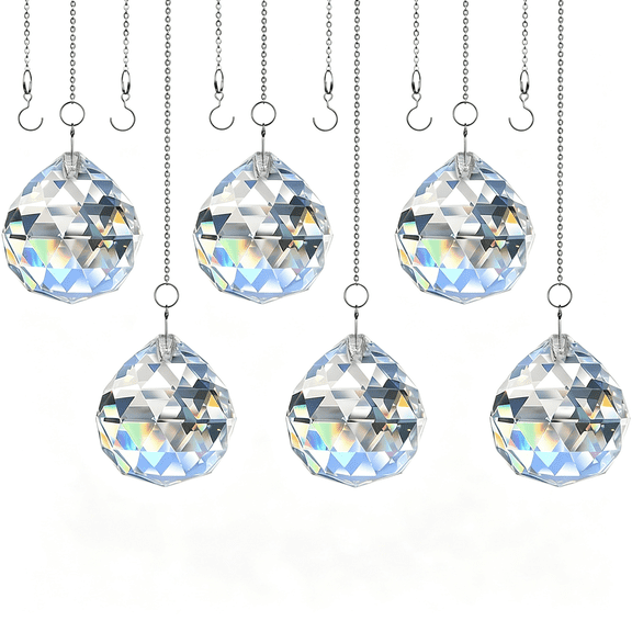 PAGEIA Clear Crystal Sun Catcher Suncatcher Prism Ball with Metal Chains,6 Pack,1.18"/30Mm,Rainbow Pendant Maker,Crystal Beads,For Feng Shui,Home Room Decor,Indoor Windows,For Gift,Diy