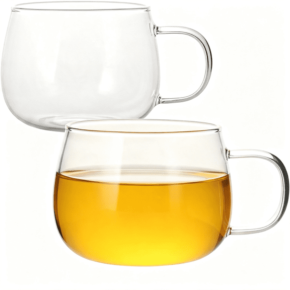 PAGEIA Glass Tea Cups Set of 2, Clear Borosilicate Glass Teacups with Handle for Tealover, Dishwasher & Microwave Safe Large Coffee Mugs for Espresso Cappuccino Latte Juice, 12Oz/360Ml