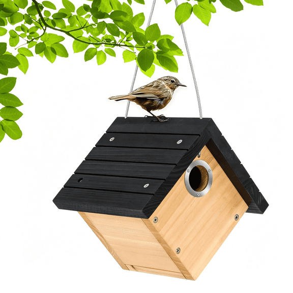 PAGEIA Hanging Wren Bird Houses for Outside with 1-1/8"Entrance 1Pcs,Wood Nesting Boxwith Metal Predator Guard,Climbing Grooves,Clean-Out Door,Air-Vent for Wrens&Carolina Wrens
