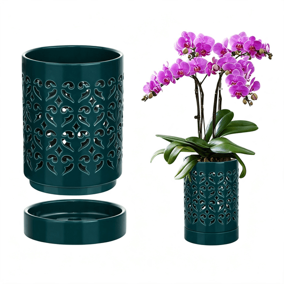 PAGEIA Orchid Pot with Holes Ceramic Plant Pots Indoor Outdoor Flower Pots for Repotting with Drainage and Saucer 4" Breathable Slotted Orchids Planter (Green)