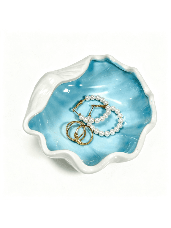 Seashell Ceramic Jewelry Trinket Tray,Blue White Decorative Ring Holder Dish for Rings Earrings Necklaces,WomenS Birthday Gift,MotherS Day Present