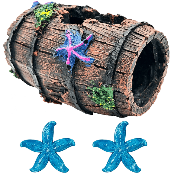 PAGEIA Star-Fish Broken Barrel Decor Resin Betta Tank Accessories Ornaments for Cave Hide Decorations, Broken Barrel X 1Pc, Blue Star Fish Ornaments X 2Pcs Cave Hide Aquarium Decorations