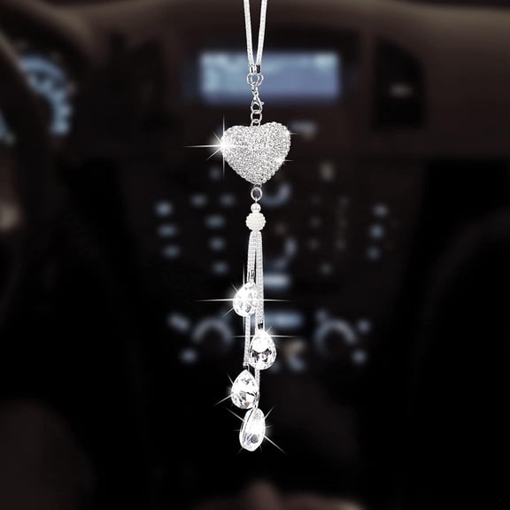 PAGOW Bling Heart Rhinestones Hanging Charm for Rear View Mirror, Silver Crystal Diamond Auto Interior Ornament Pendant Car Accessories Valentines Luxury Decor for Women Men
