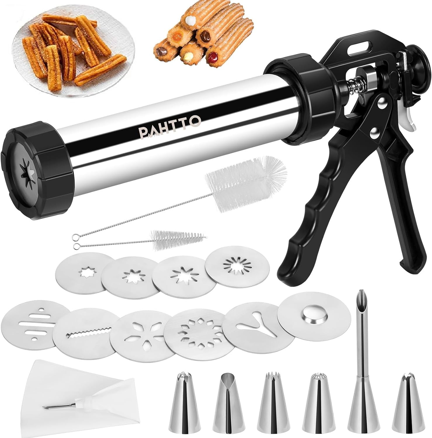 PAHTTO Cookie Presses, Stainless Steel Churros Gun Kit with Piping Bag, Churro Filler, 6 Piping Nozzles, 9 Cookie Discs, 2 brushes