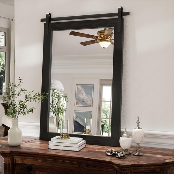 PAIHOME 24"x36" Black Farmhouse Mirror for Bathroom, Wood Framed Rectangle Bathroom Mirror, Anti-Rust, Hangs Horizontally or Vertically for Vanity, Barn Door Style, Living Room and Bedroom