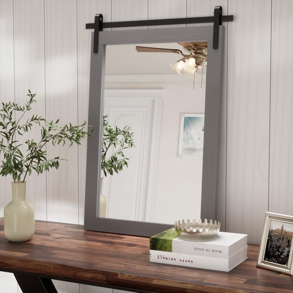 PAIHOME 24"x36" Gray Bathroom Mirror for Wall, Barn Door Solid Wood Frame Vanity Mirror - Farmhouse Decor