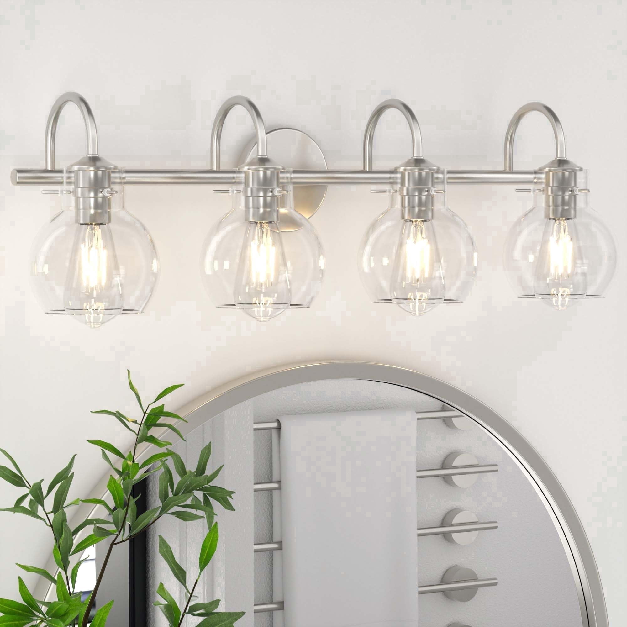 Modern Vanity Light, 4-Light Wall Sconce with Clear Glass Globe for Bedside - PAIHOME Bathroom Light Fixtures, 28"×9", Silver