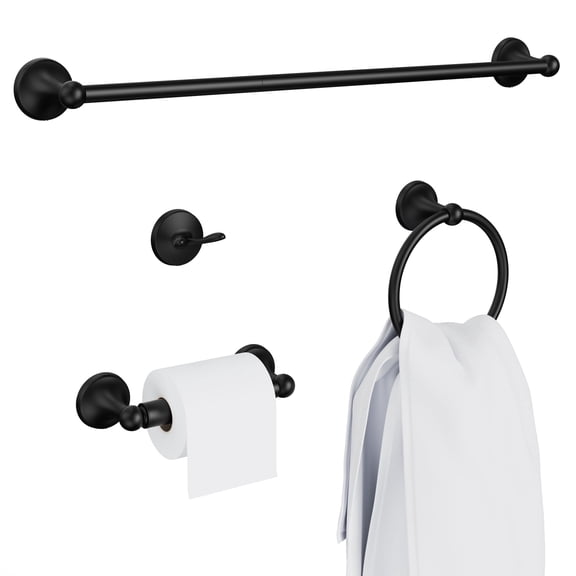 PAIHOME 4-Piece Round Bathroom Hardware Set, Bathroom Accessories with 24 in. Towel Rack Bar, Ring, Holder, Hook in Black