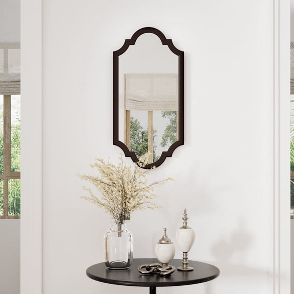 PAIHOME Retro Wall Mirror , 12"x24" Brown Bathroom Mirror with Vintage Crown Top Design for Vanity, Entryway, Living Room, Wood Home Decor