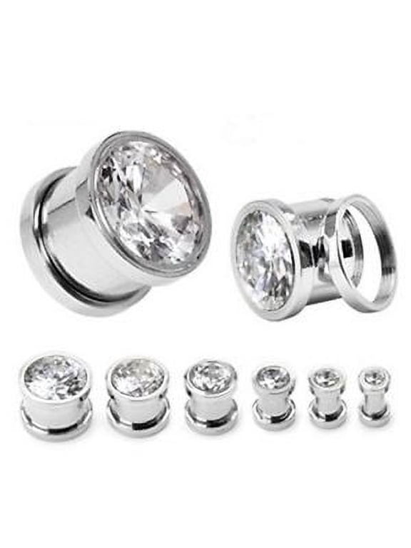 PAIR 2g STEEL CZ GEM fake diamond ear plugs 6mm