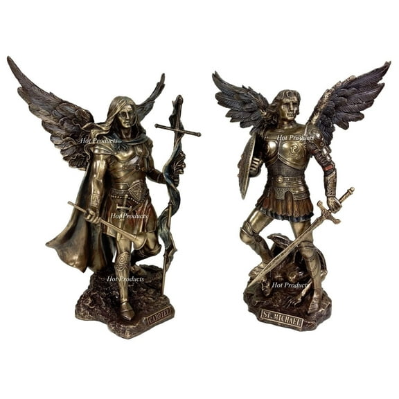 PAIR Saint Michael Gabriel Archangel Sword Shield Statue Bronze Color