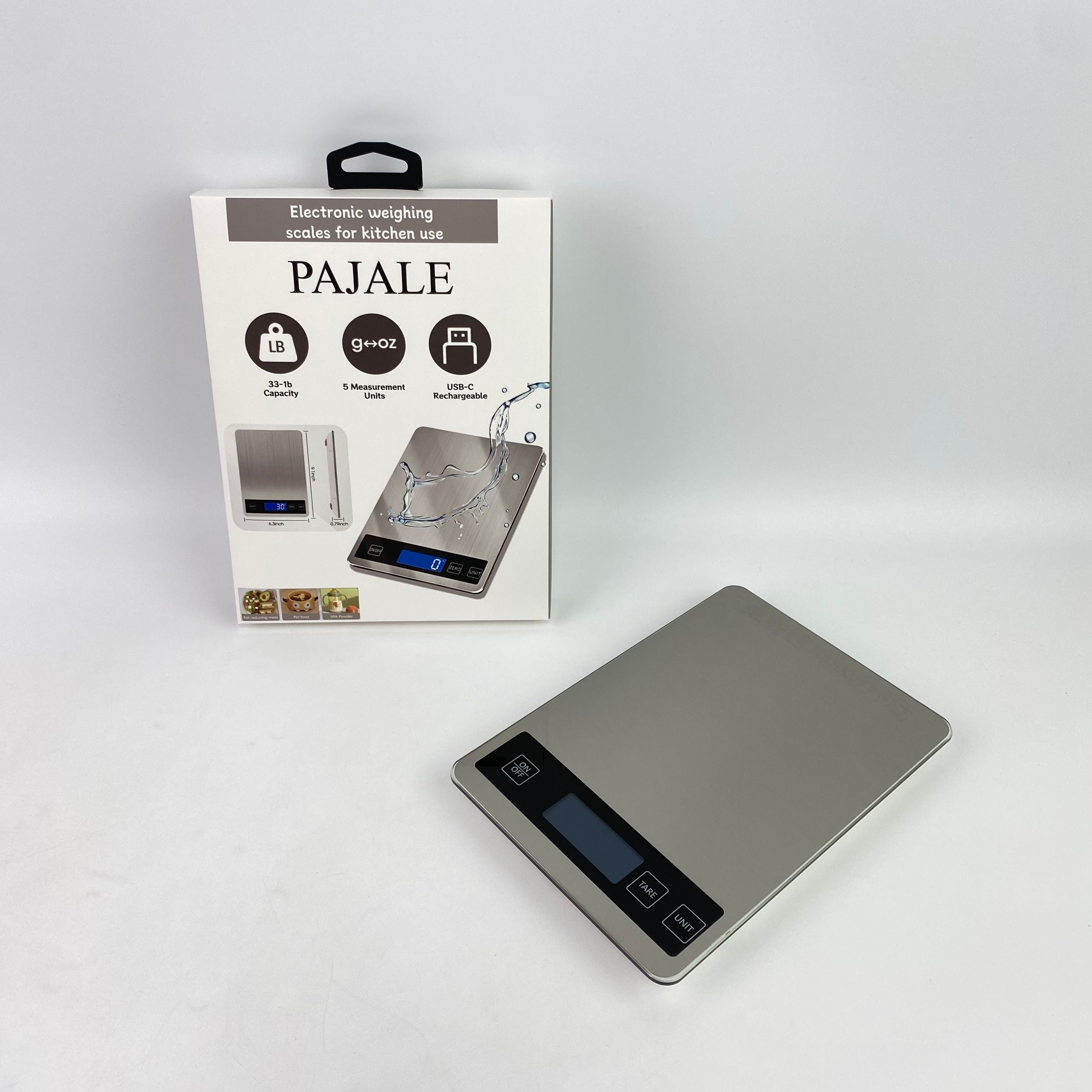 PAJALE Electronic weighing scales for kitchen use,33lb Food Scale, Digital Kitchen Scale Batteries and USB Charging,1g/0.05oz Precise Graduation (Stainless Steel)