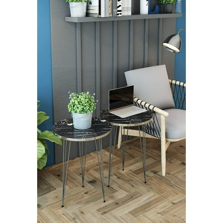 PAK HOME Set of 2 End Tables Round Wood Sofa Side Coffee Tables for Small Spaces, Nightstand Bedside Table with Metal Legs for Bedroom, Living Room, Office (Black Marble High Gloss/Silver Legs)