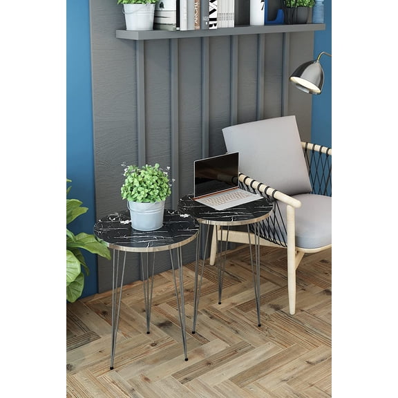 PAK HOME Set of 2 End Tables Round Wood Sofa Side Coffee Tables for Small Spaces, Nightstand Bedside Table with Metal Legs for Bedroom, Living Room, Office (Black Marble High Gloss/Silver Legs)