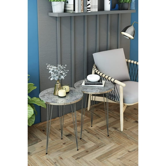 PAK HOME Set of 2 End Tables Round Wood Sofa Side Coffee Tables for Small Spaces, Nightstand Bedside Table with Metal Legs for Bedroom, Living Room, Office (Grey Marble High Gloss/Silver Legs)