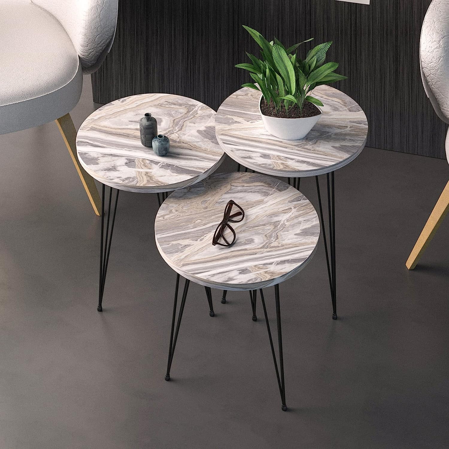 PAK HOME Set of 3 Grey Marble Nesting End Tables Round Wood Stacking
