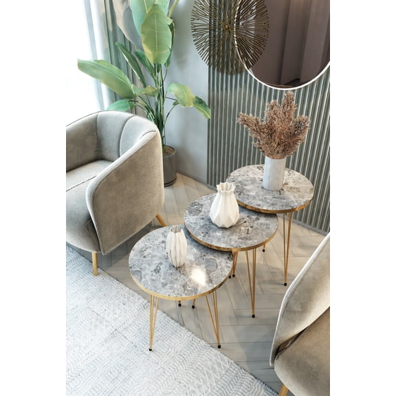 PAK HOME - Set of 3 High Gloss Grey Marble Gold Nesting End Tables Round Wood Stacking Coffee Side Accent Sofa Table with Metal Legs for Living Room, Home Office, Nightstands for Bedroom