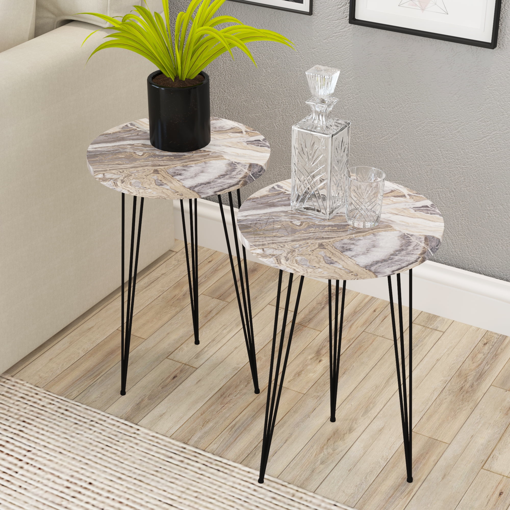 PAK HOME - Set of 2 Grey Marble Look Wood End Table, Round Sofa Side Tables for Small Spaces, Accent Nightstand Bedside Table with Metal Legs