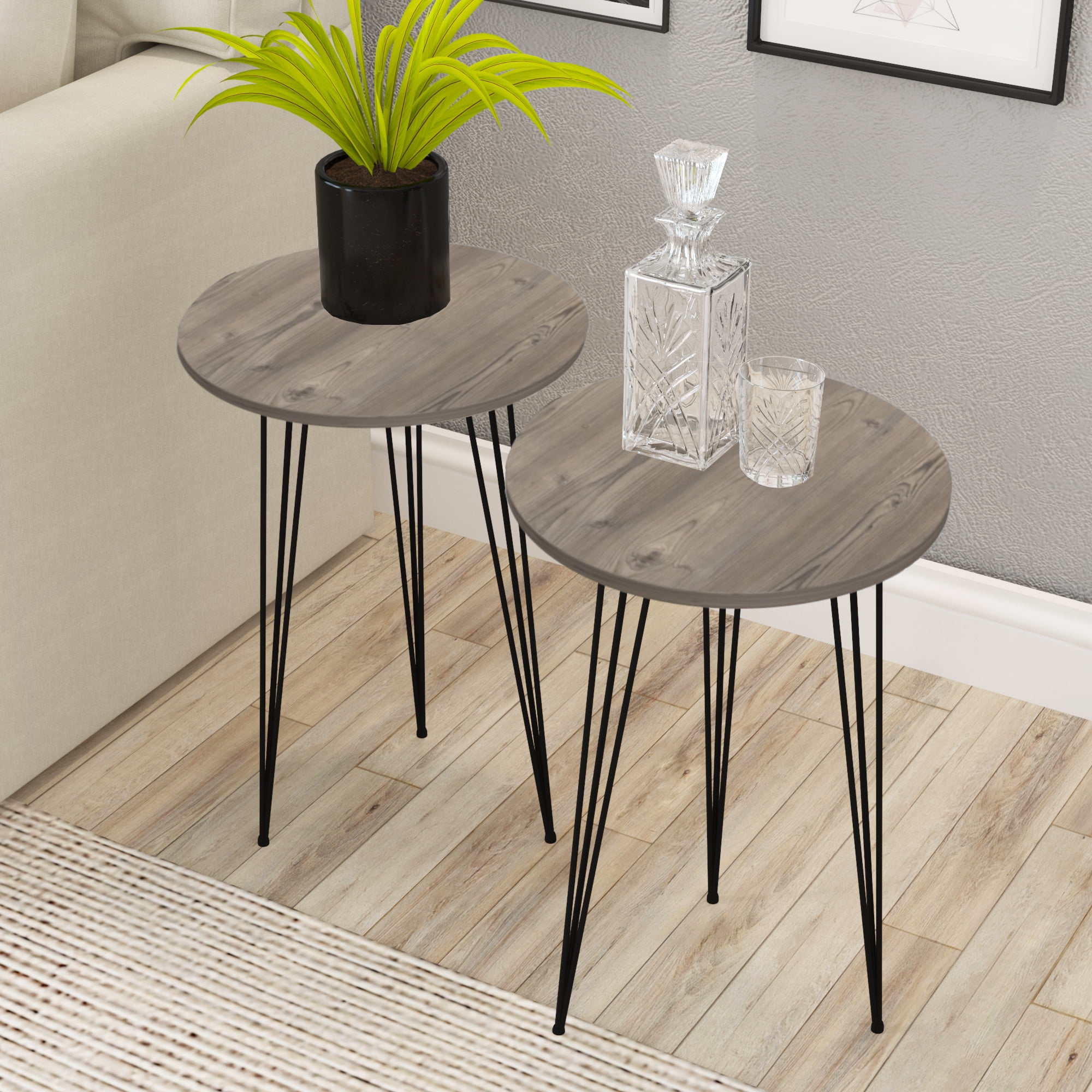 PAK HOME - Set of 2 Round Wood Sofa Side Tables for Small Spaces, Nightstand Bedside Table for Bedroom, Living Room Balcony, PINE WOOD GREY
