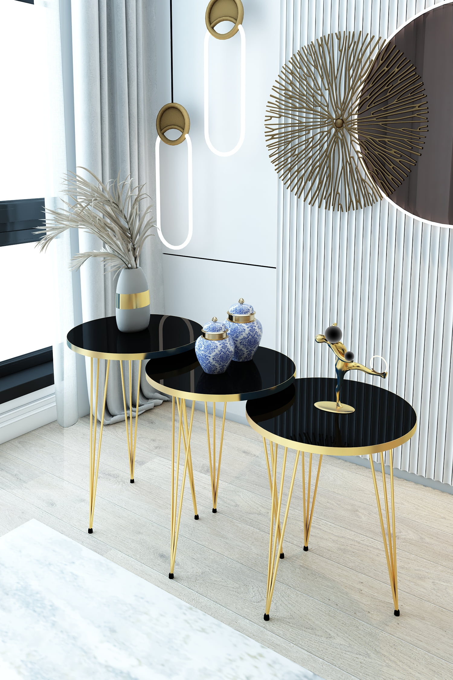 High Gloss Black Round Wood Nesting Tables with Gold Metal Legs