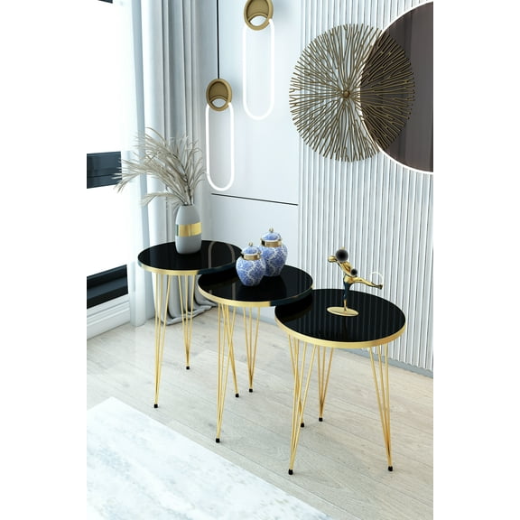 PAK HOME - Set of 3 High Gloss Black Nesting End Tables - Round Wood Sofa Side Accent Tables with Metal Legs - BLACK/GOLD