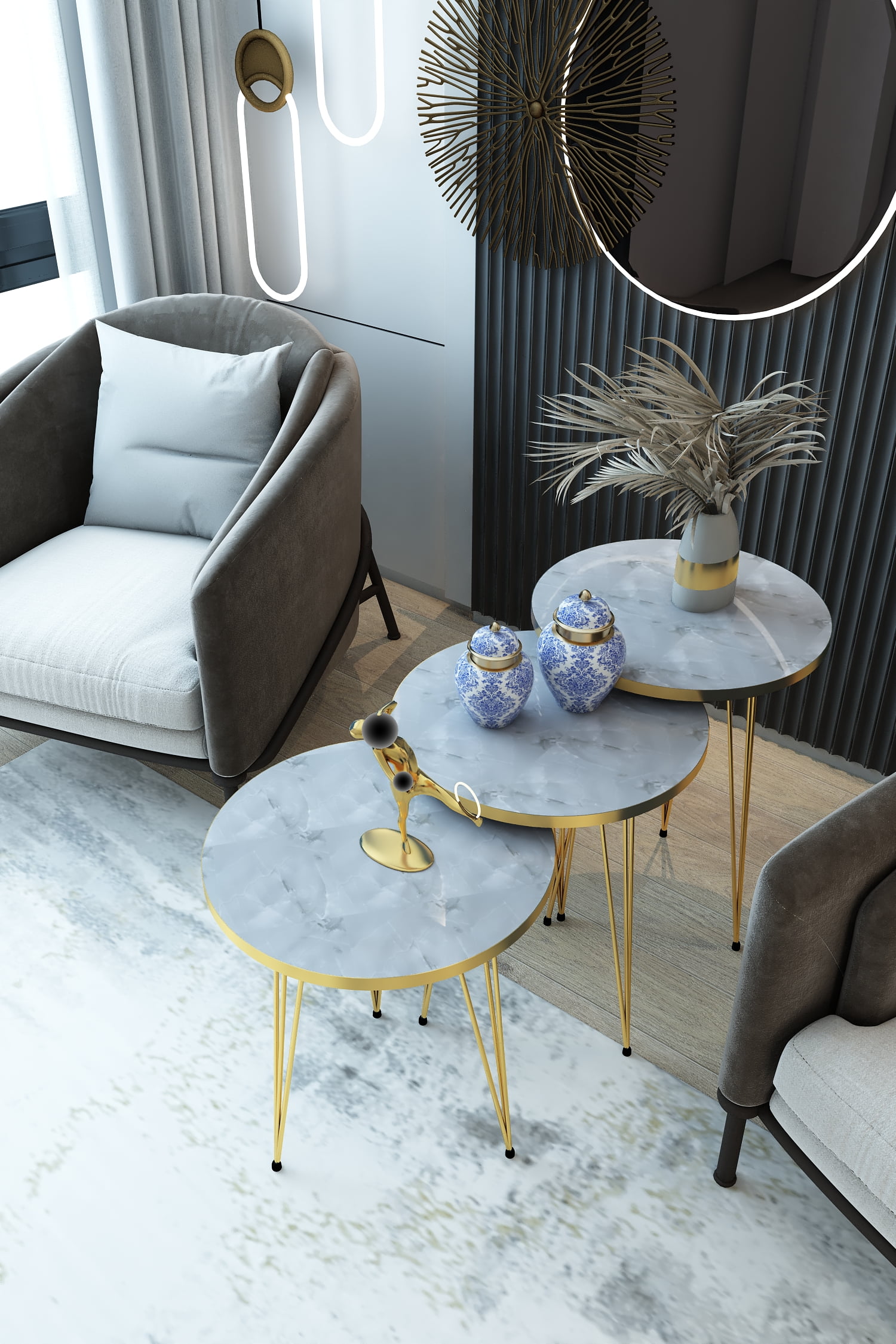 High Gloss White Marble Round Wood Nesting Tables with Gold Metal Legs