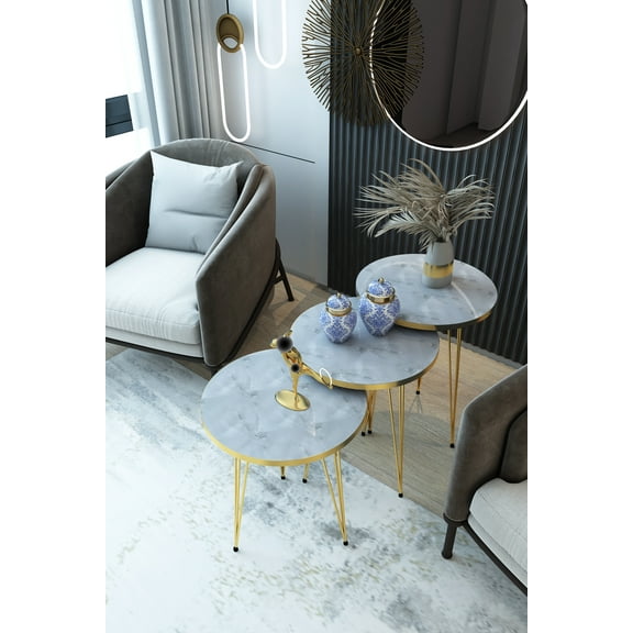 PAK HOME - Set of 3 High Gloss White Marble Gold Legs - Round Wood Stacking Coffee Side Accent Tables with Metal Legs