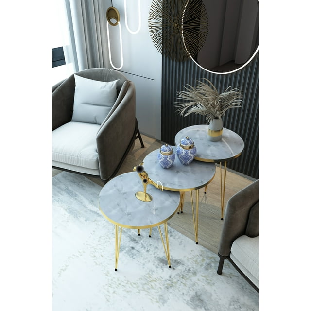 PAK HOME Set of 3 High Gloss White Marble Gold Legs Round Wood