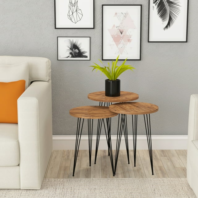 PAK HOME Set of 3 Pine Wood Nesting End Tables Round Wood Stacking