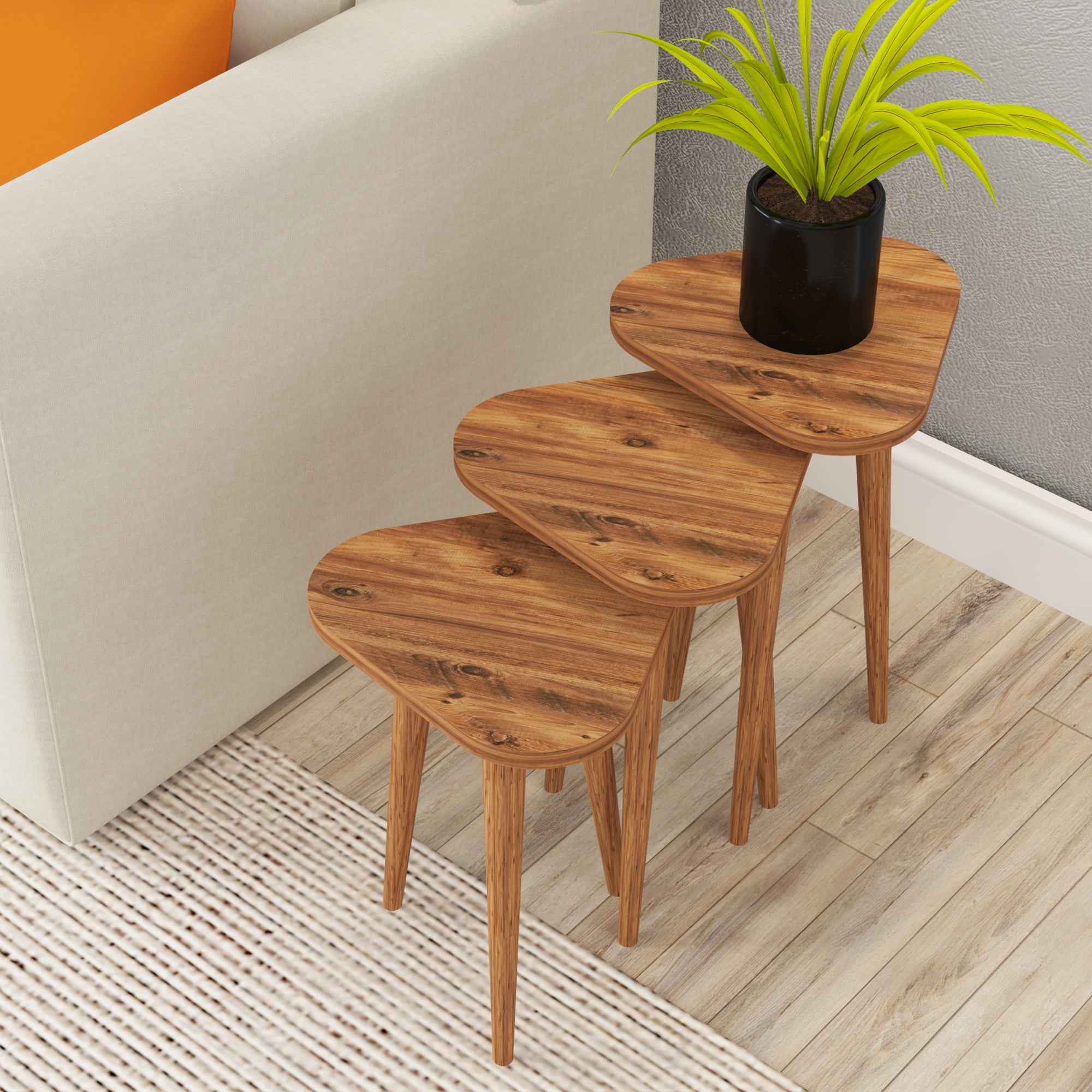 PAK HOME Set of 3 Triangle Pine Wood Nesting End Tables Stacking Coffee Side Accent Tables