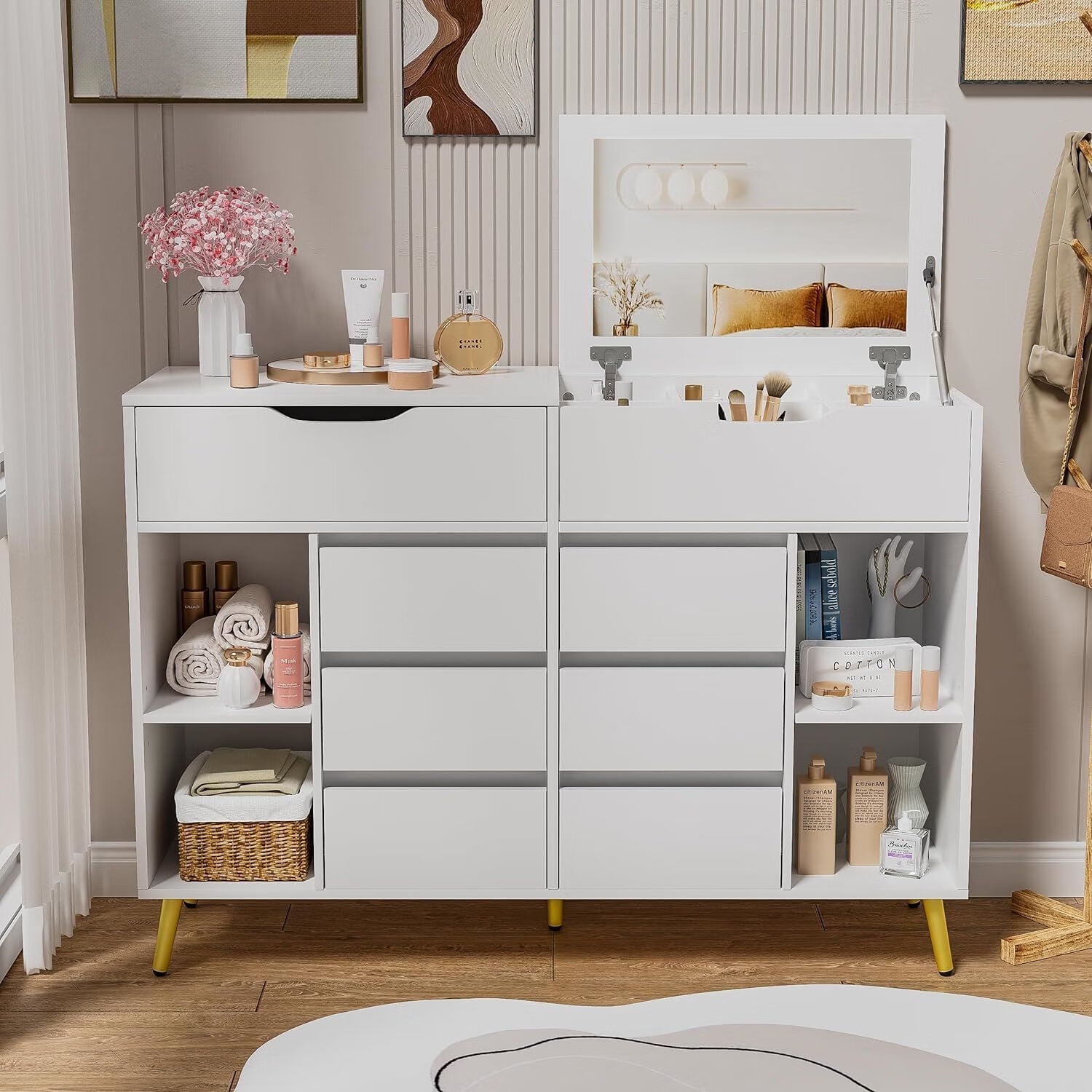 PAKASEP Vanity Table with Flip Top Mirror & 7 Drawer Dressers, 2in1 Makeup Dressing Table