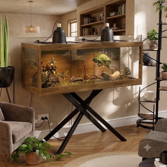 PakaLife 120 Gallon Wooden Tempered Glass Reptile Enclosure with Leg Stand & Mesh Top, for Large Lizard Habitat