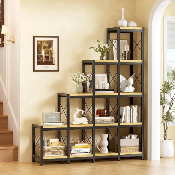 PAKASEPT 14 Shelves Bookshelf, Ladder Corner Bookshelf, Industrial Vintage Book Storage, Rustic 5-Tier Display Shelf Storage Organizer for Home Office Living Room