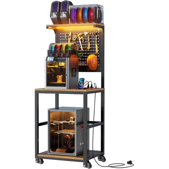 PAKASEPT 23.6"W 3D Printer Stand with Filament Storage, Large 3D Printer Table with LED Lights and Charging Station, Printer Shelf with Spools Holder Racks, for Workshop/Office/Garage,Brown
